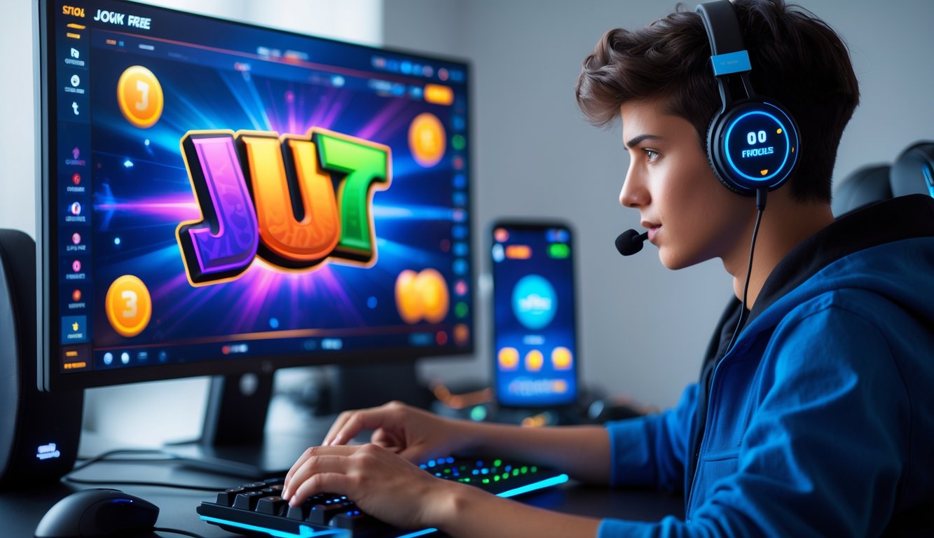 Seorang pemain muda sedang bermain slot online dengan komputer dan catatan strategi di meja yang rapi.