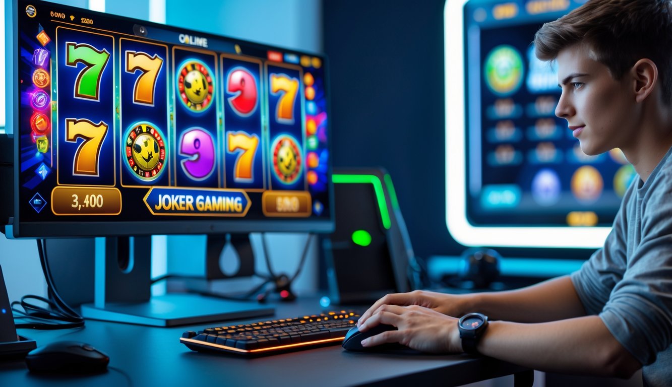 Seorang dewasa muda bermain game slot online di depan komputer dengan suasana ruangan yang rapi dan pencahayaan modern.