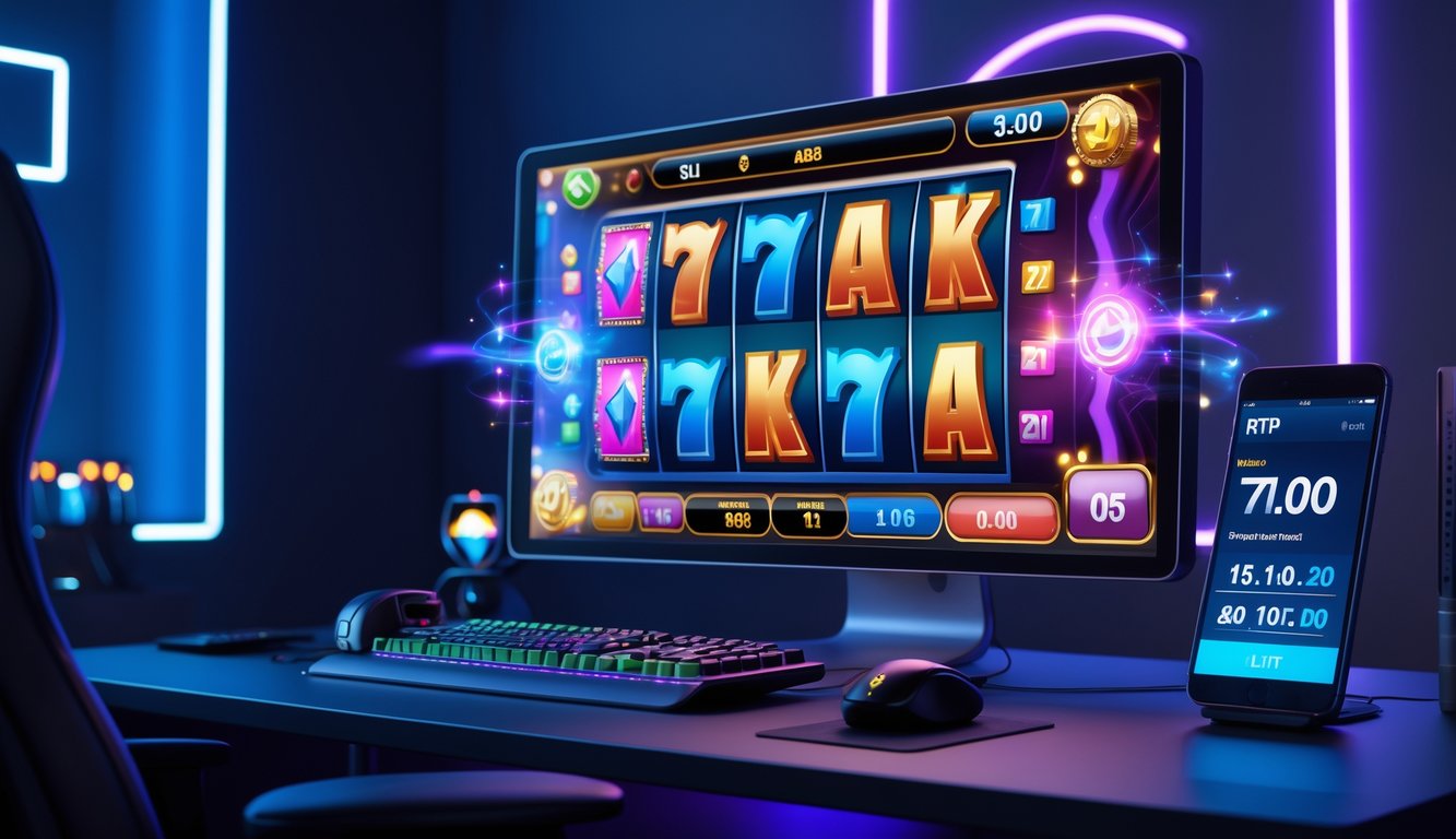 Sebuah ruang permainan online dengan layar komputer menampilkan mesin slot digital yang berwarna-warni dan peralatan gaming di meja.