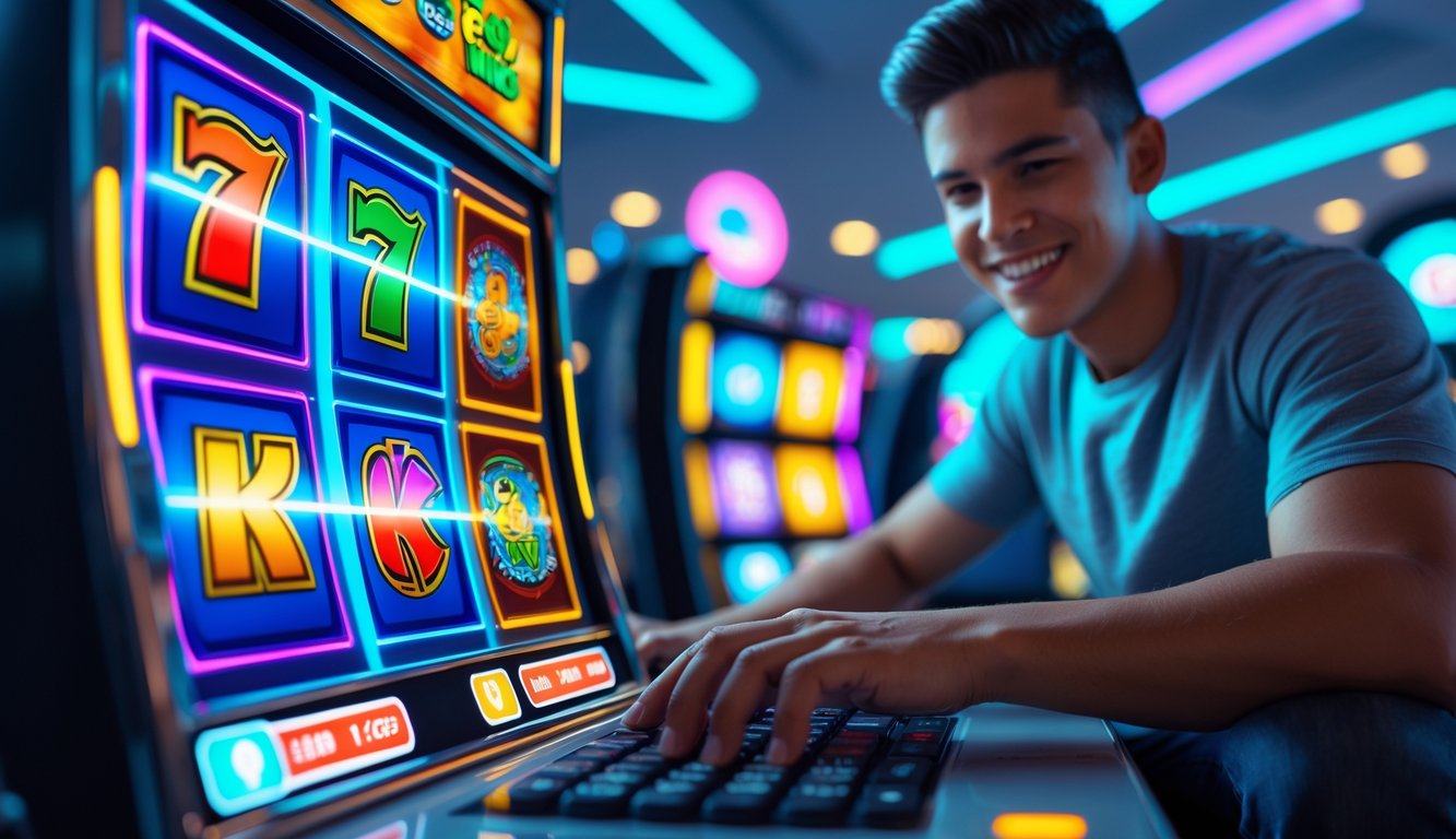 Seseorang bermain slot online di laptop dengan tampilan mesin slot digital yang berwarna-warni dan suasana ruangan modern.
