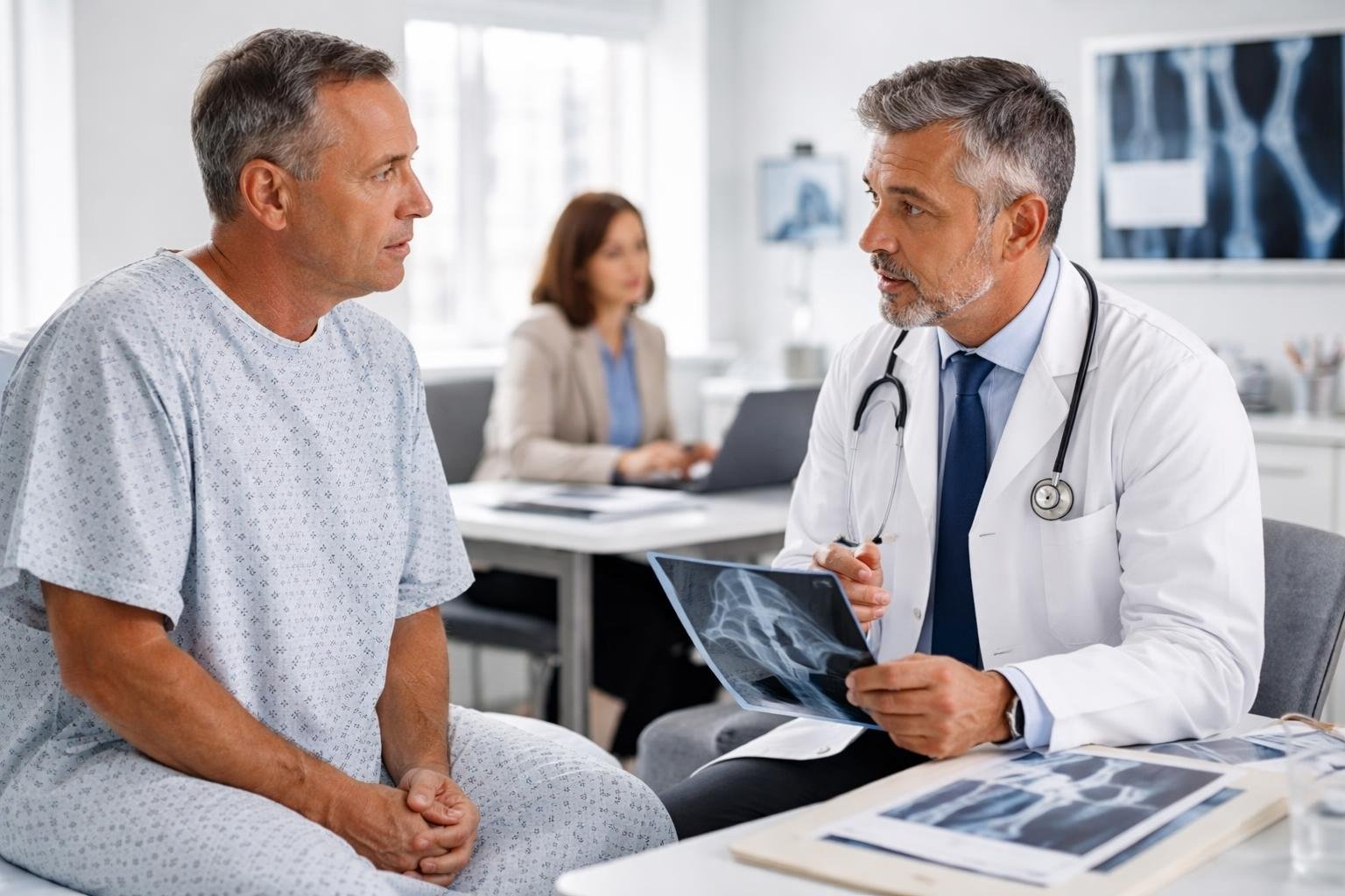An orthopedic surgeon discussing surgery complications with a patient while an insurance agent reviews paperwork in a hospital room.