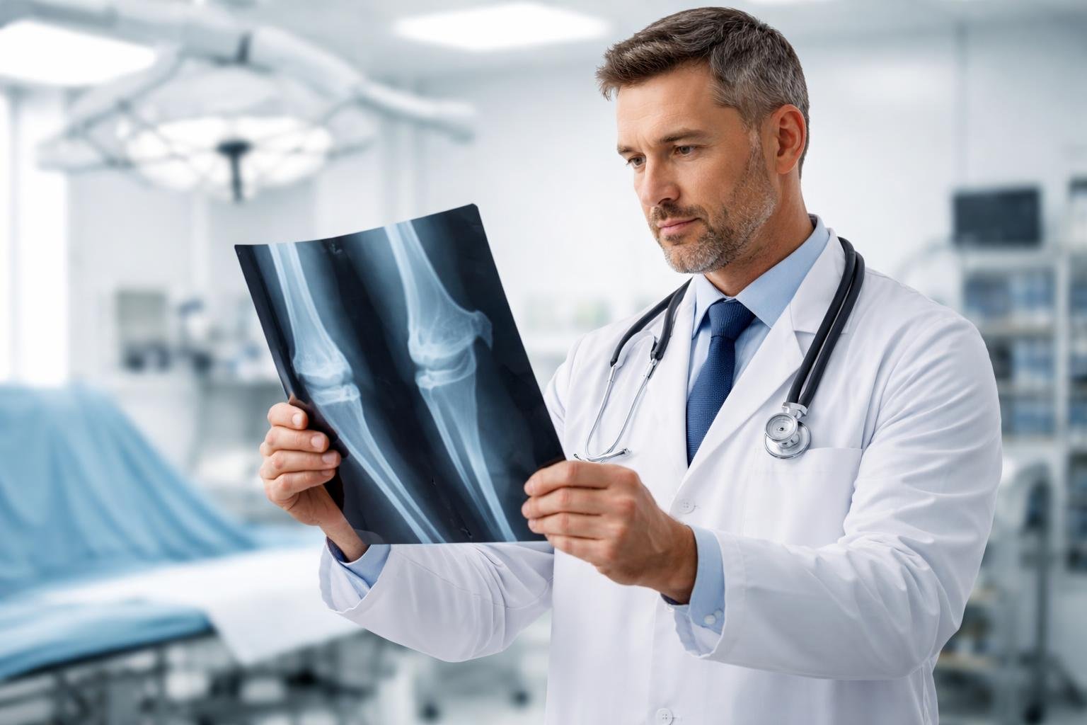 An orthopedic surgeon in a white coat examining a bone X-ray in a hospital room with medical equipment in the background.