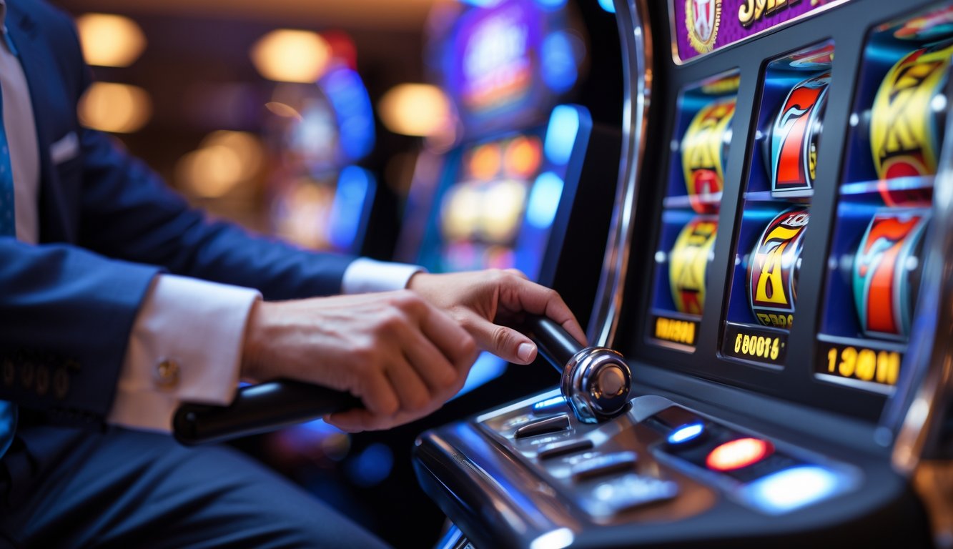 Seseorang sedang memainkan mesin slot Joker Gaming dengan tangan memutar tuas di kasino yang mewah.