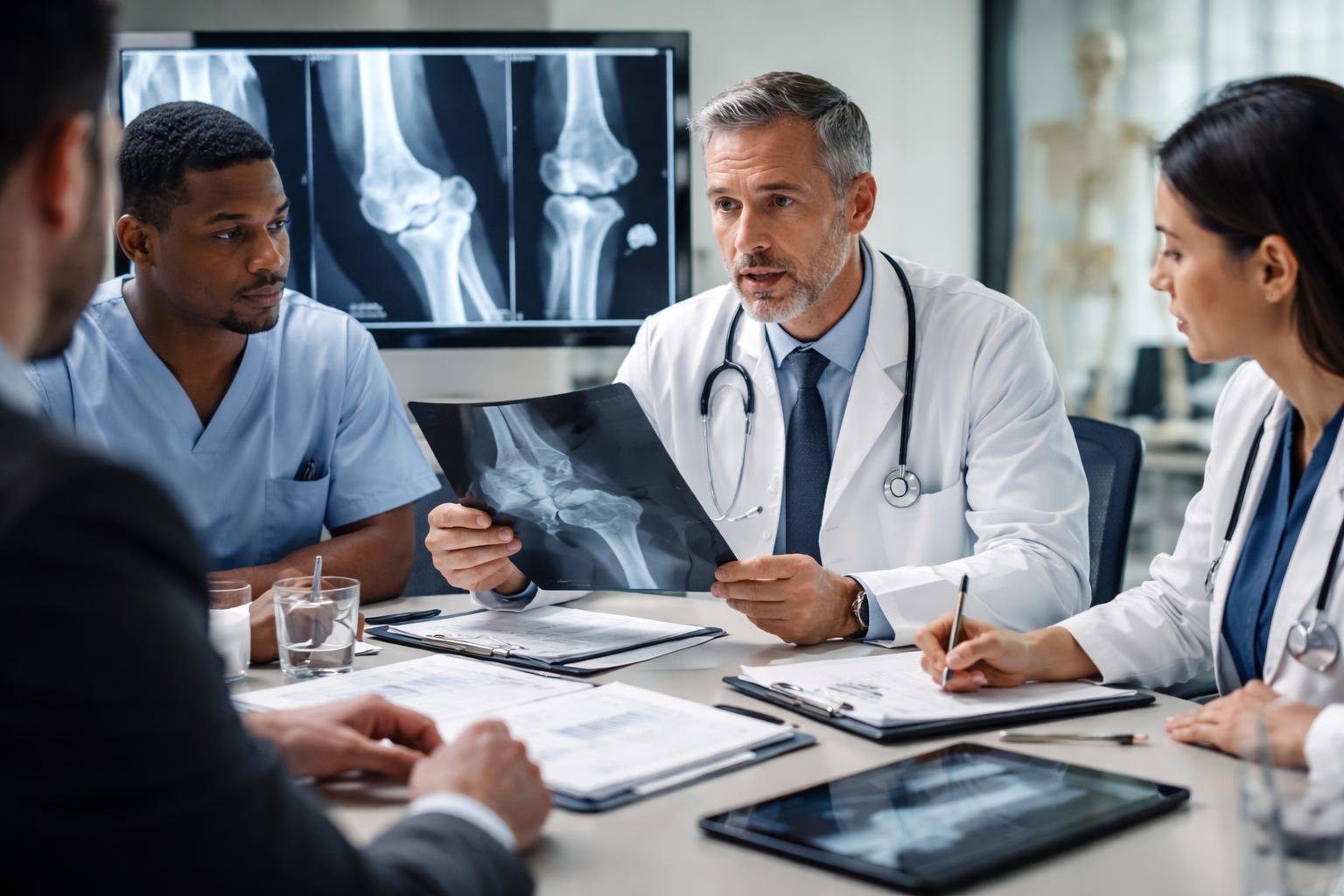 Medical professionals reviewing orthopedic X-rays and charts in a hospital office during a consultation.