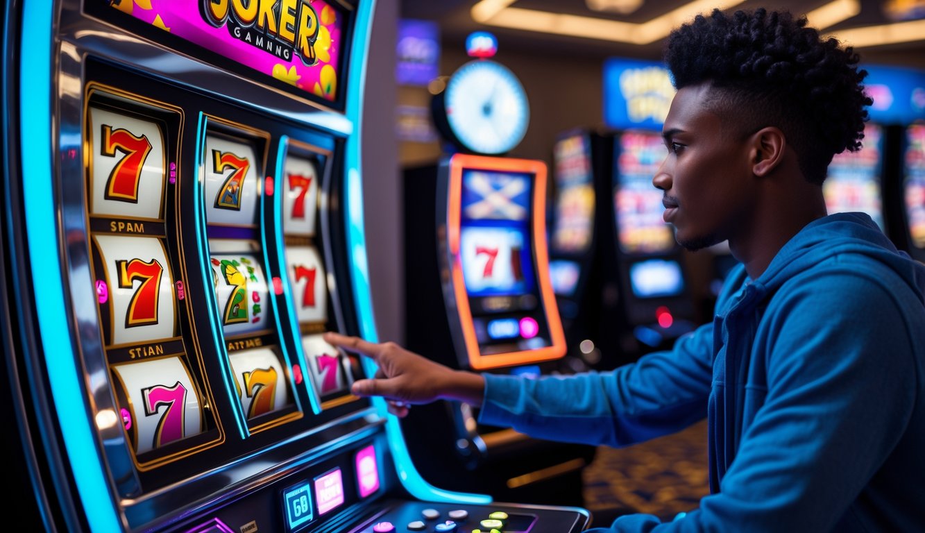 Seorang pemain muda sedang bermain mesin slot Joker Gaming di lingkungan permainan yang modern dan terang.
