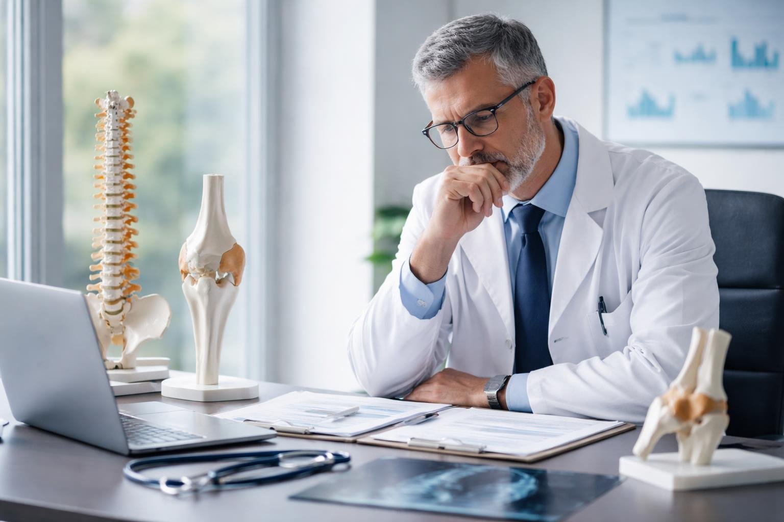 A doctor sitting at a desk with orthopedic models and medical documents, looking thoughtful in a bright office.