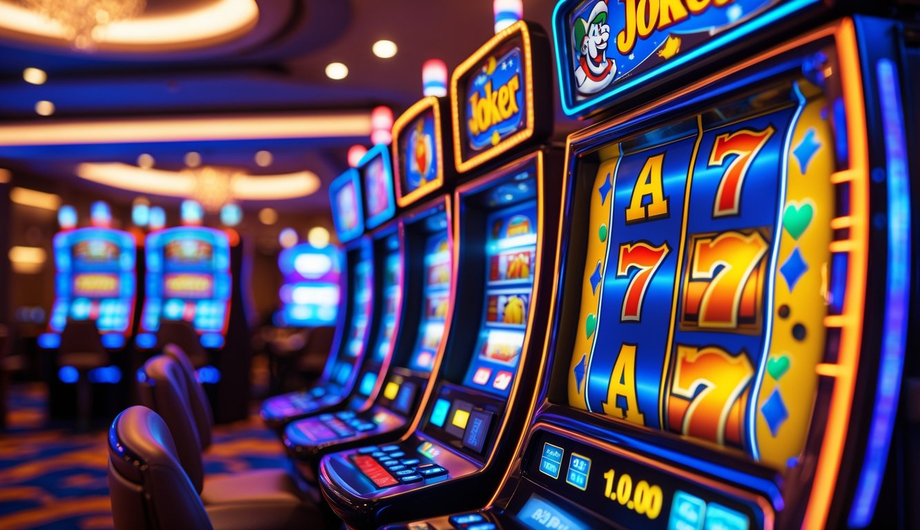Mesin slot Joker yang berwarna-warni dengan simbol kartu dan lampu terang di dalam kasino modern.