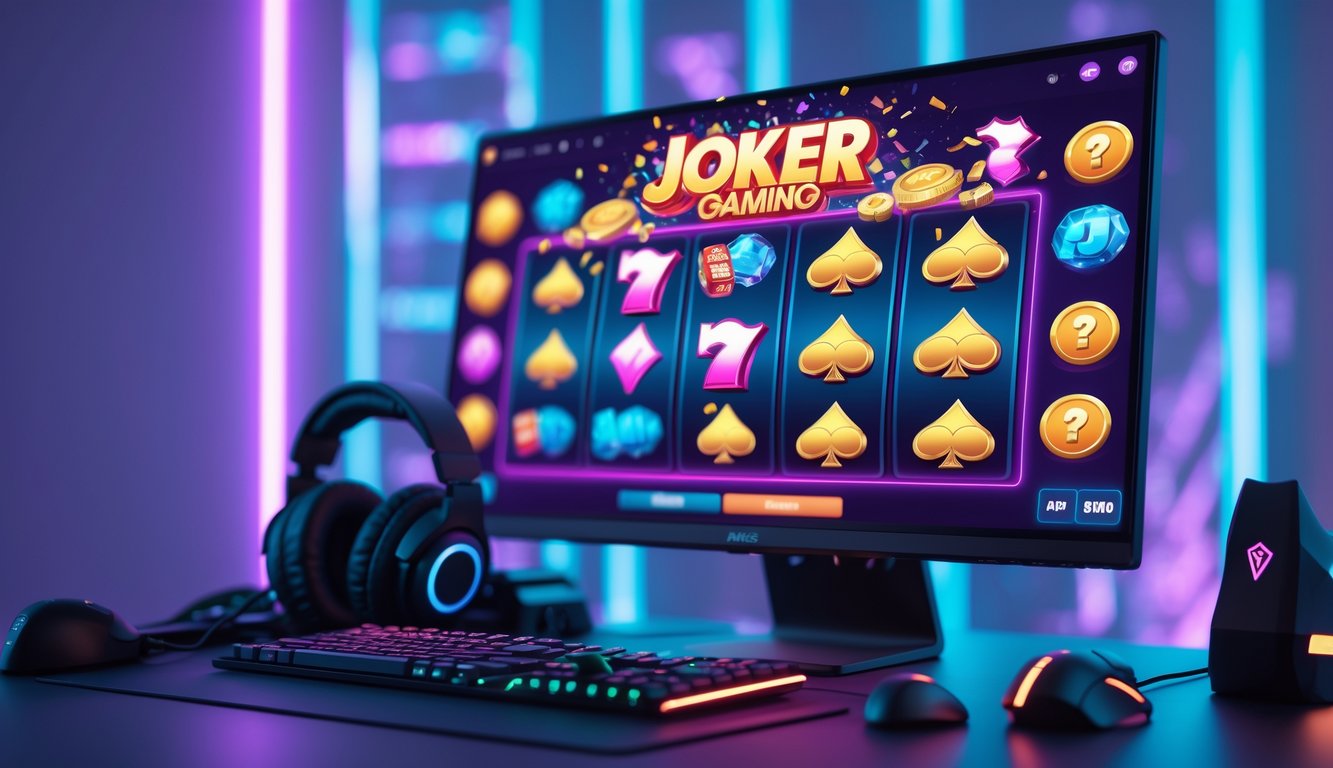 Sebuah komputer dengan layar menampilkan permainan slot Joker Gaming yang penuh warna dan simbol jackpot, dikelilingi oleh aksesori gaming di meja dengan pencahayaan neon biru dan ungu.
