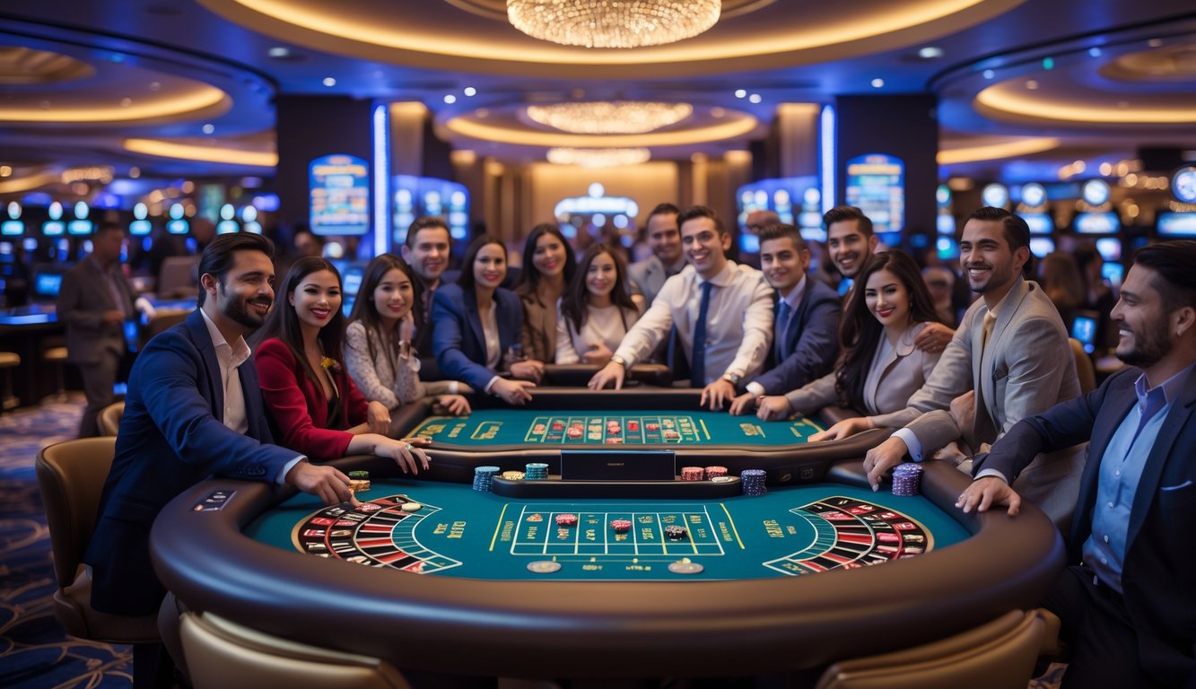 Suasana kasino langsung dengan pemain yang antusias bermain di meja blackjack dan roulette di dalam ruangan yang modern dan mewah.