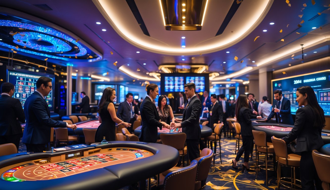 Orang-orang bermain di meja kasino langsung dengan suasana modern dan ramai di dalam kasino resmi.