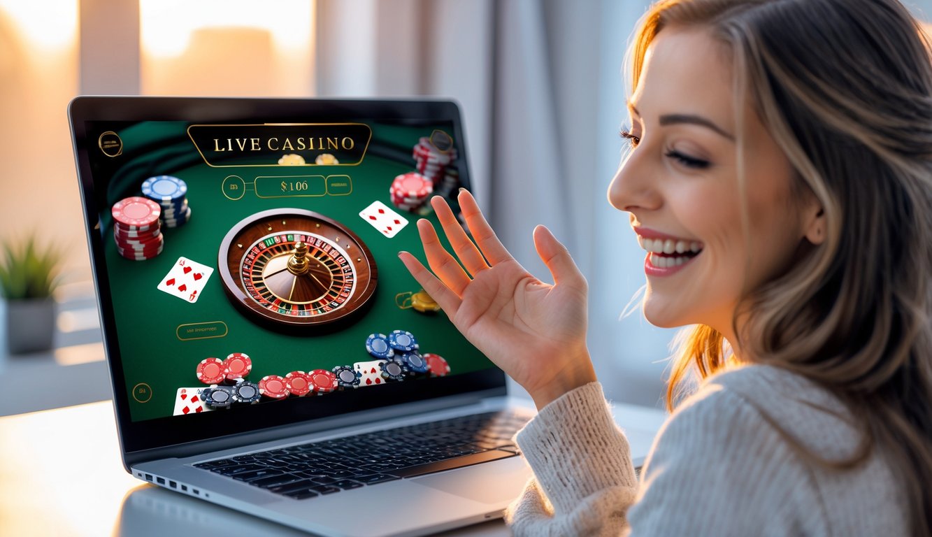 Seorang dewasa muda tersenyum saat menggunakan komputer dengan tampilan permainan kasino langsung di layar.