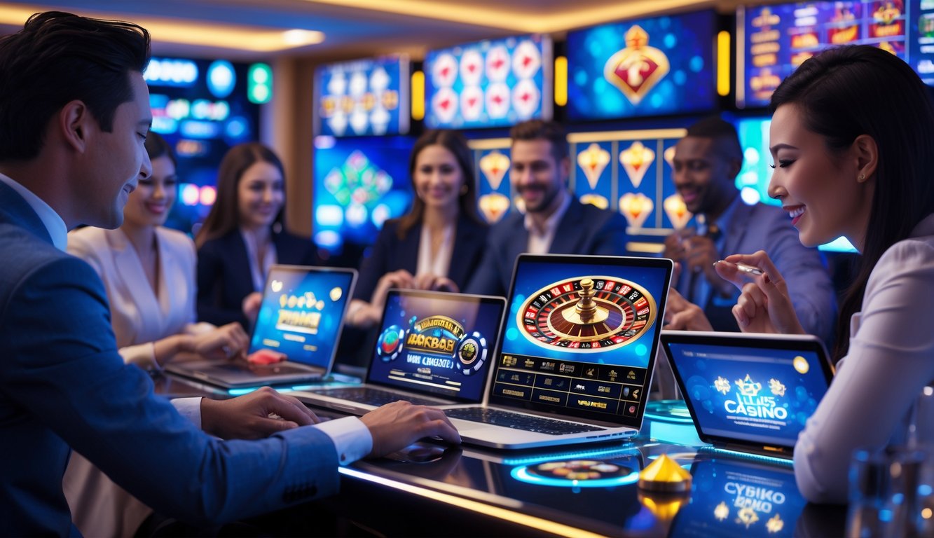 Orang-orang menggunakan laptop dan ponsel di lingkungan kasino live yang modern dan cerah dengan layar digital menampilkan permainan kasino.
