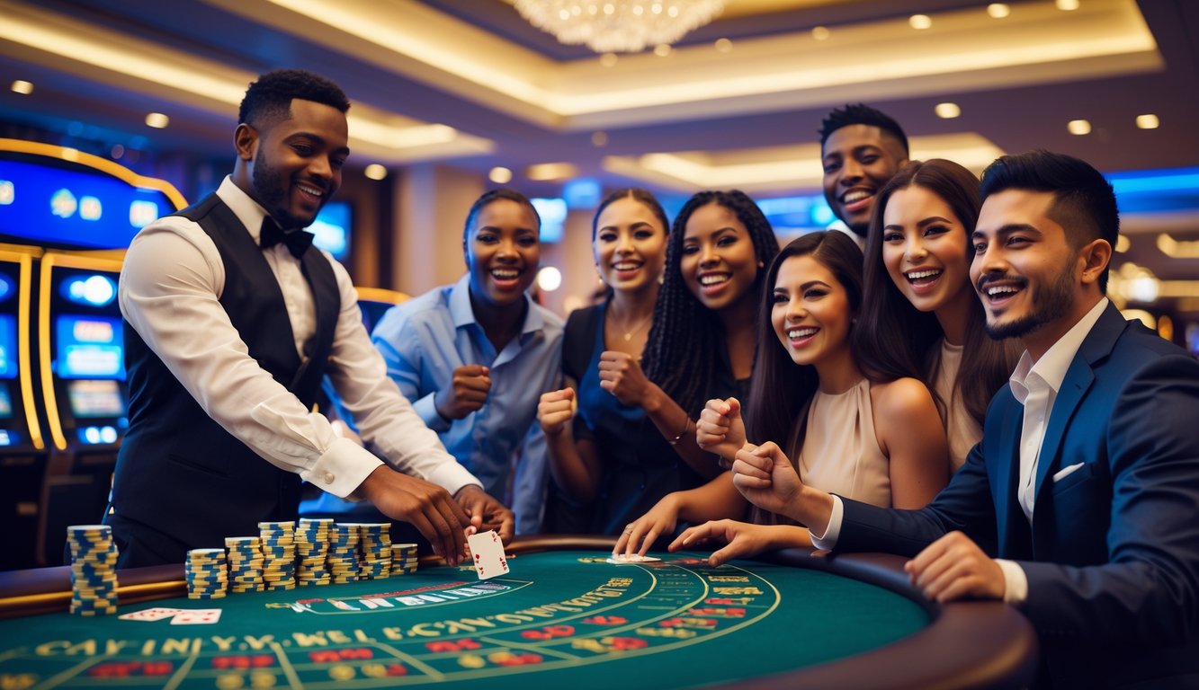 Seorang dealer kartu di meja blackjack dengan pemain yang tersenyum dan merayakan kemenangan di kasino yang mewah dan terang.