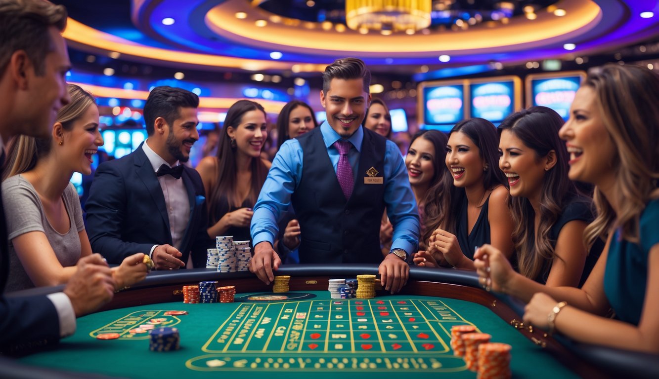 Seorang dealer dan pemain baru yang antusias di meja kasino langsung dengan suasana kasino modern yang hidup.