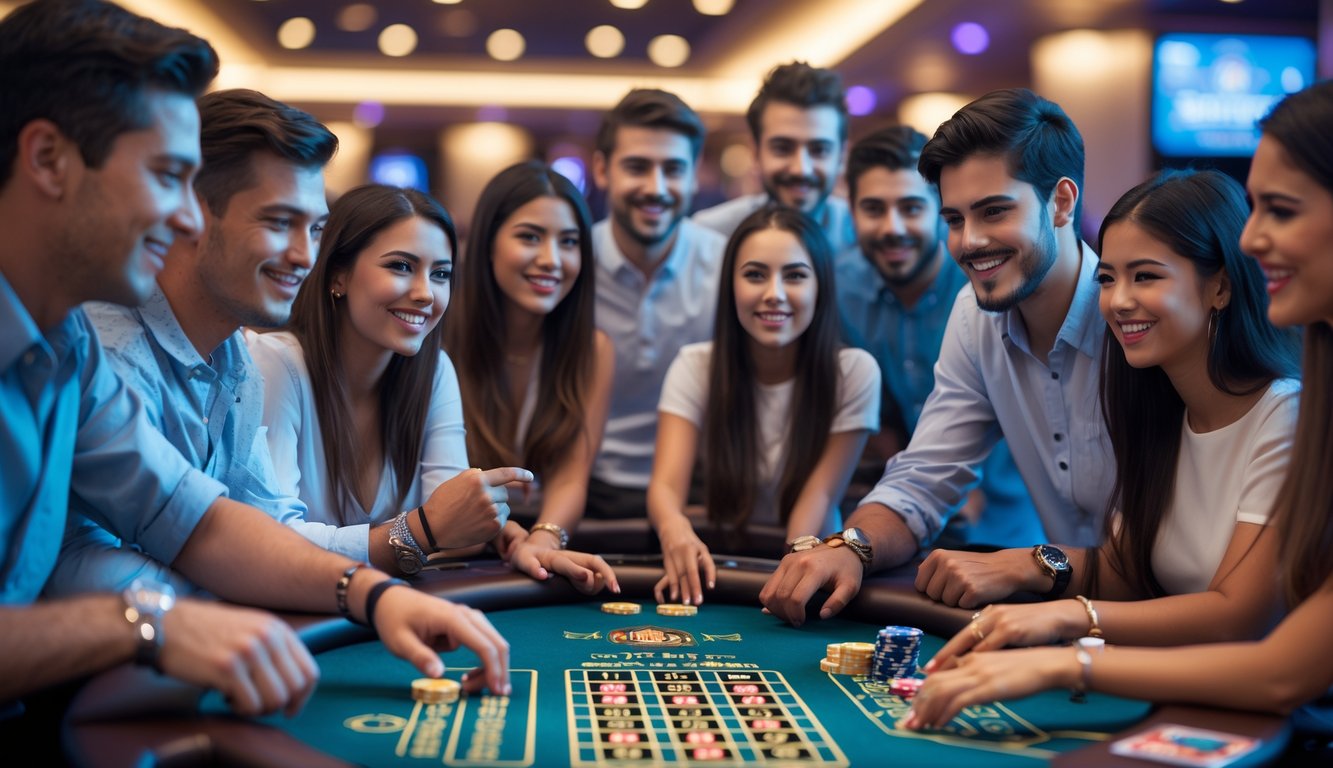 Beberapa orang muda tersenyum dan bermain di meja kasino langsung yang modern dan terang.
