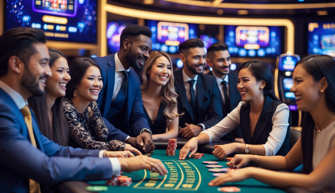 Orang-orang bahagia bermain di kasino langsung dengan dealer di meja permainan dalam suasana yang ramah dan menyenangkan.