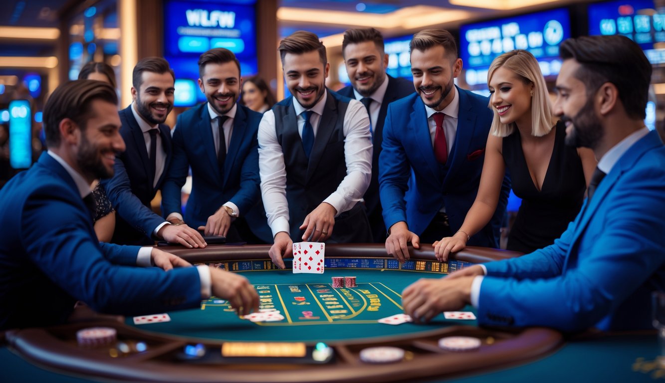 Orang-orang bermain di meja blackjack live casino dengan dealer yang melayani di ruang kasino yang modern dan terang.