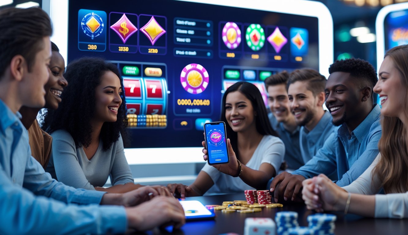 Sekelompok orang muda sedang menikmati permainan kasino online di depan layar digital dengan suasana ceria dan modern.