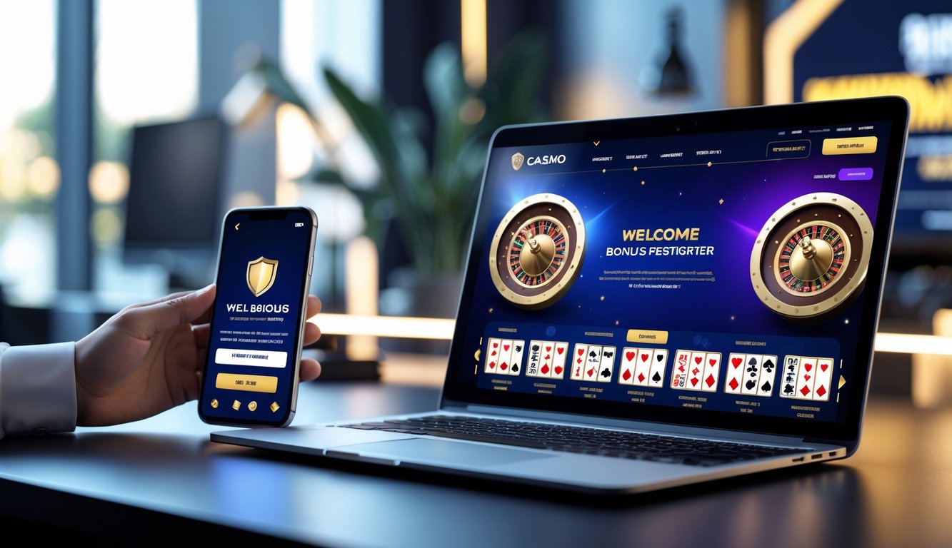 Seorang pengguna duduk di depan laptop dan ponsel dengan tampilan permainan kasino langsung dan notifikasi bonus di layar.