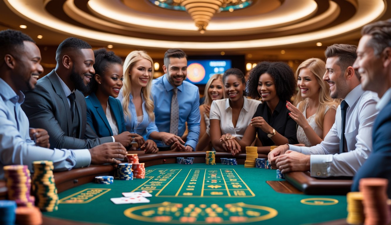 Sejumlah orang bermain di meja blackjack di kasino dengan suasana ramai dan pencahayaan hangat.