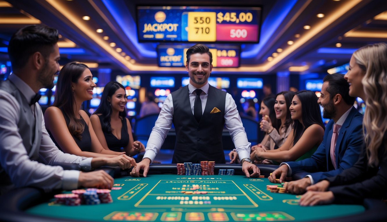 Suasana kasino langsung resmi dengan dealer dan pemain yang sedang bermain di meja permainan, lampu warna-warni dan layar digital menampilkan jackpot besar dan promo.