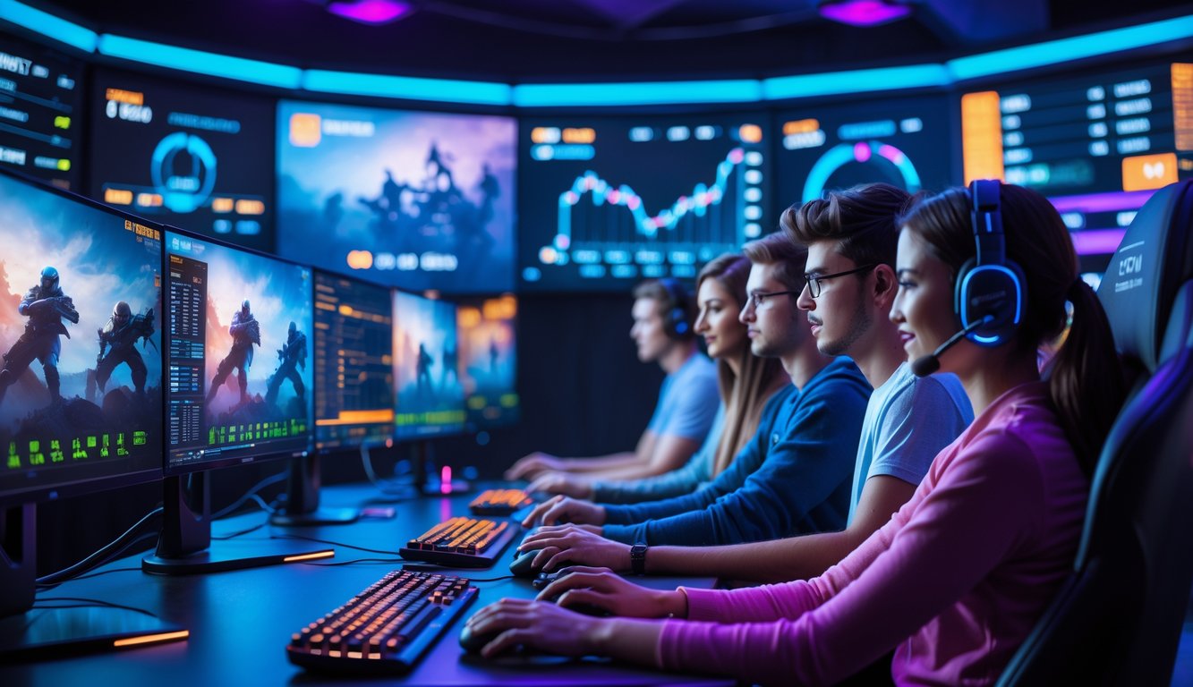 Sekelompok orang muda di ruang bermain game modern sedang melihat layar dengan permainan CS2 dan Dota 2 serta grafik taruhan.