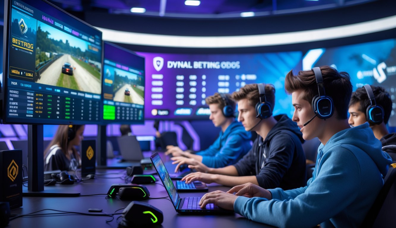 Beberapa orang muda sedang menggunakan perangkat digital untuk memasang taruhan esports dengan layar besar menampilkan permainan CS2 dan Dota 2 serta statistik taruhan di ruangan berteknologi tinggi.