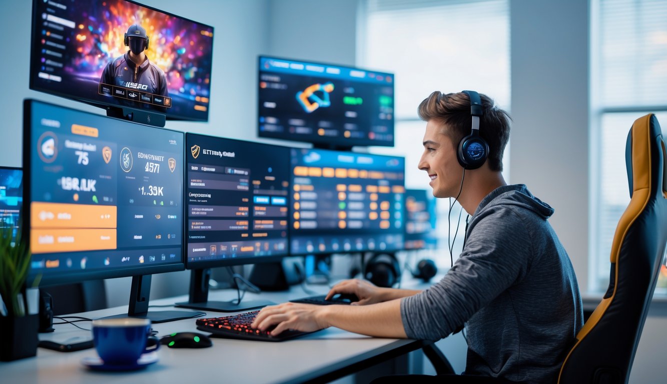 Seorang dewasa muda sedang menggunakan komputer dengan tampilan data taruhan esports dan grafik di layar dalam ruangan yang terang dan rapi.