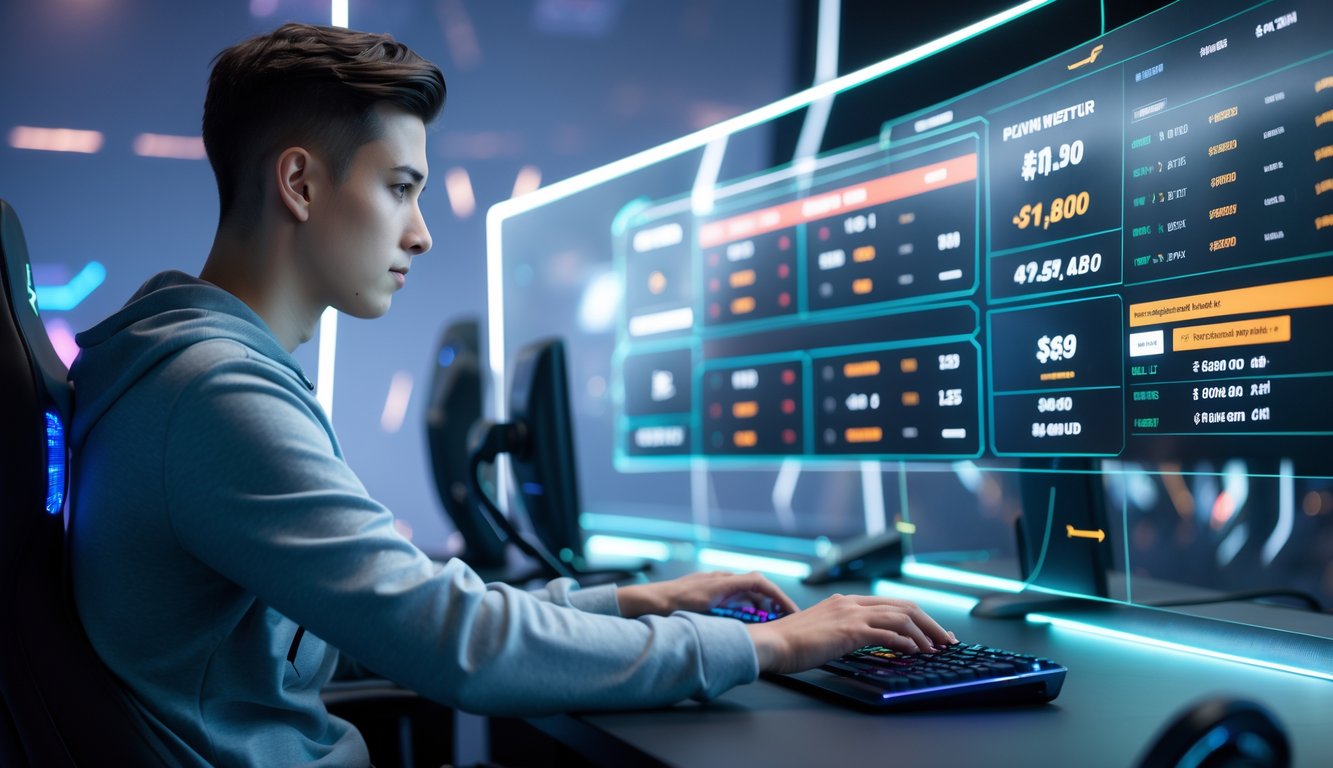 Seorang dewasa muda sedang menggunakan perangkat digital di depan layar dengan tampilan taruhan esports dan informasi pembayaran cepat.