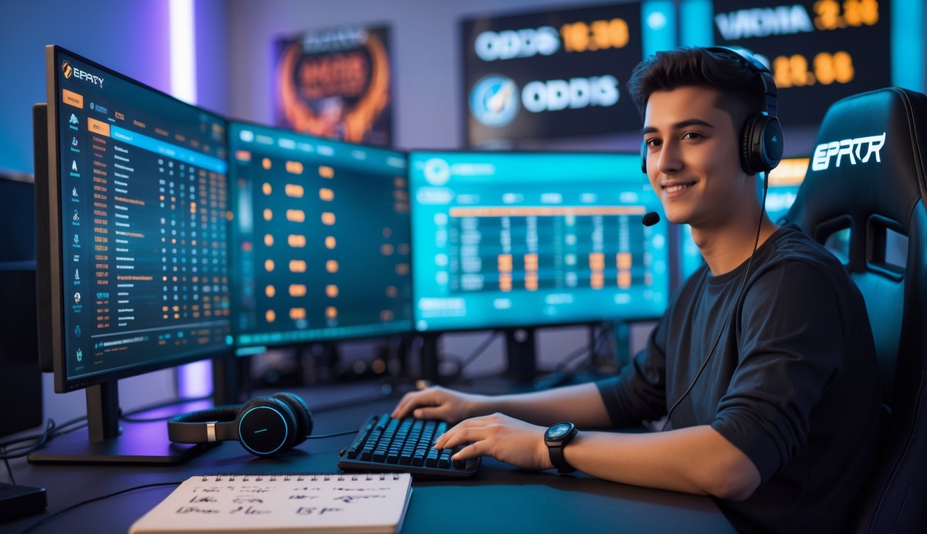 Seorang dewasa muda duduk di depan meja gaming dengan beberapa monitor yang menampilkan data taruhan esports, dilengkapi dengan headset dan buku catatan di ruangan yang terang dan berdekorasi tema esports.