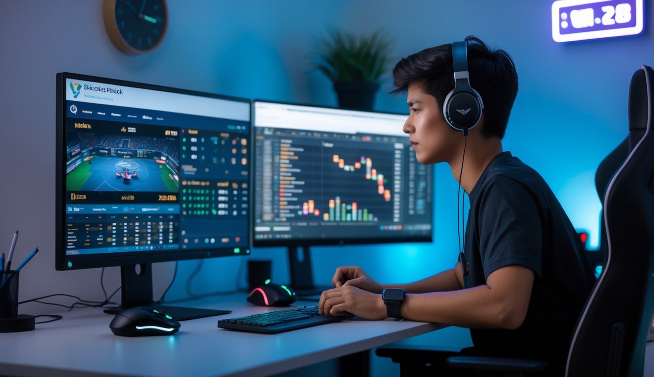 Seorang pemuda duduk di meja dengan beberapa monitor komputer menampilkan visual game esports dan grafik odds taruhan, fokus menganalisis data di ruang kerja yang terang dan rapi.