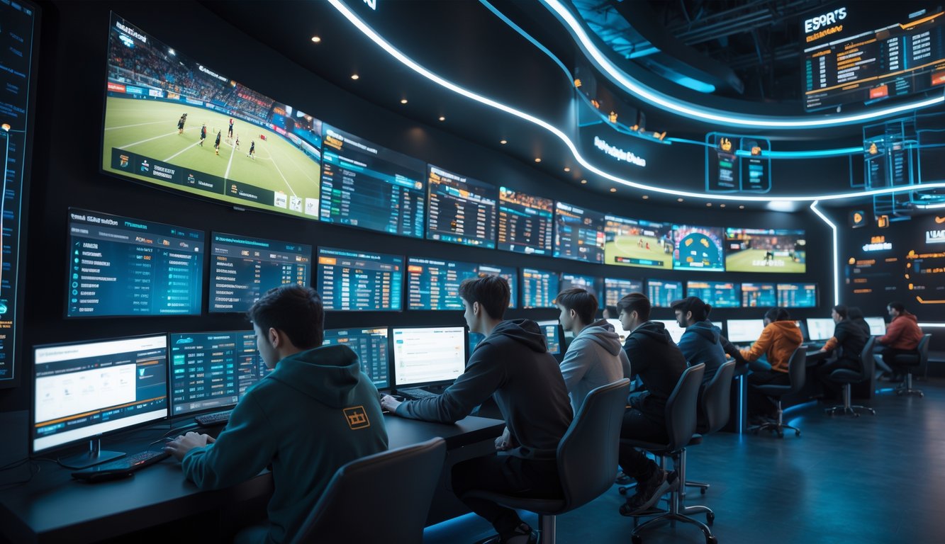 Sejumlah orang muda di ruang bermain esports modern dengan layar besar menampilkan pertandingan dan data taruhan.