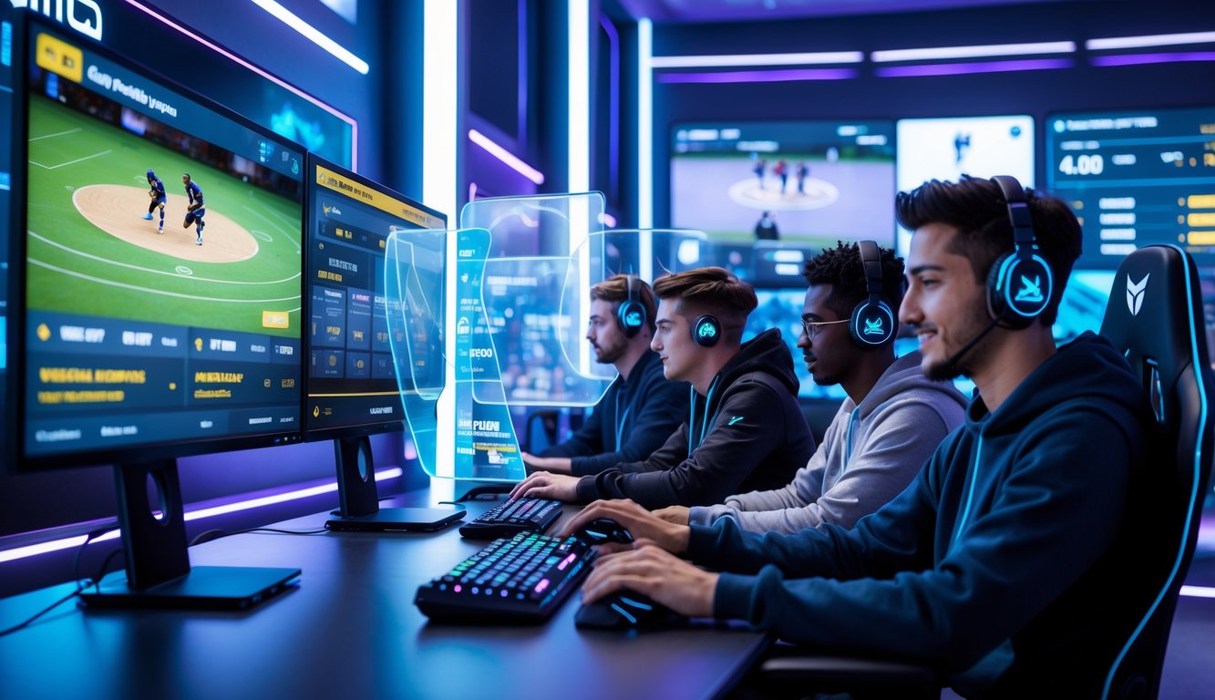 Sejumlah orang muda sedang menggunakan perangkat komputer dengan layar besar menampilkan pertandingan esports dan peluang taruhan di lingkungan modern dan berteknologi tinggi.