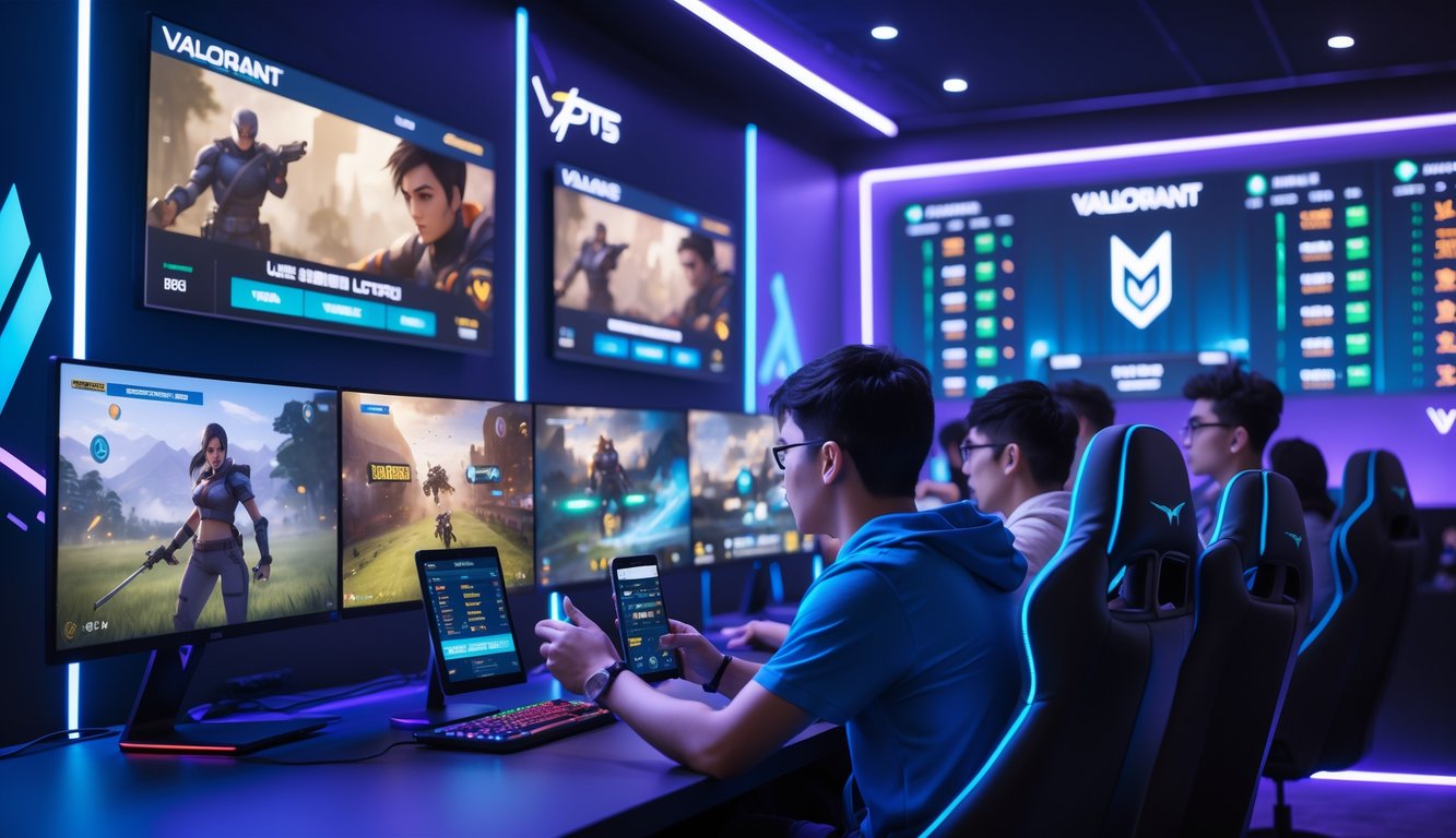 Beberapa orang muda sedang menonton pertandingan Valorant dan Mobile Legends di ruang esports dengan layar besar dan perangkat elektronik.