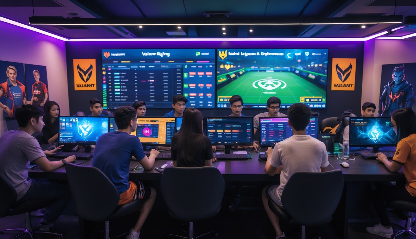 Beberapa orang muda sedang menggunakan komputer dan ponsel di ruang gaming modern dengan layar yang menampilkan permainan Valorant dan Mobile Legends.