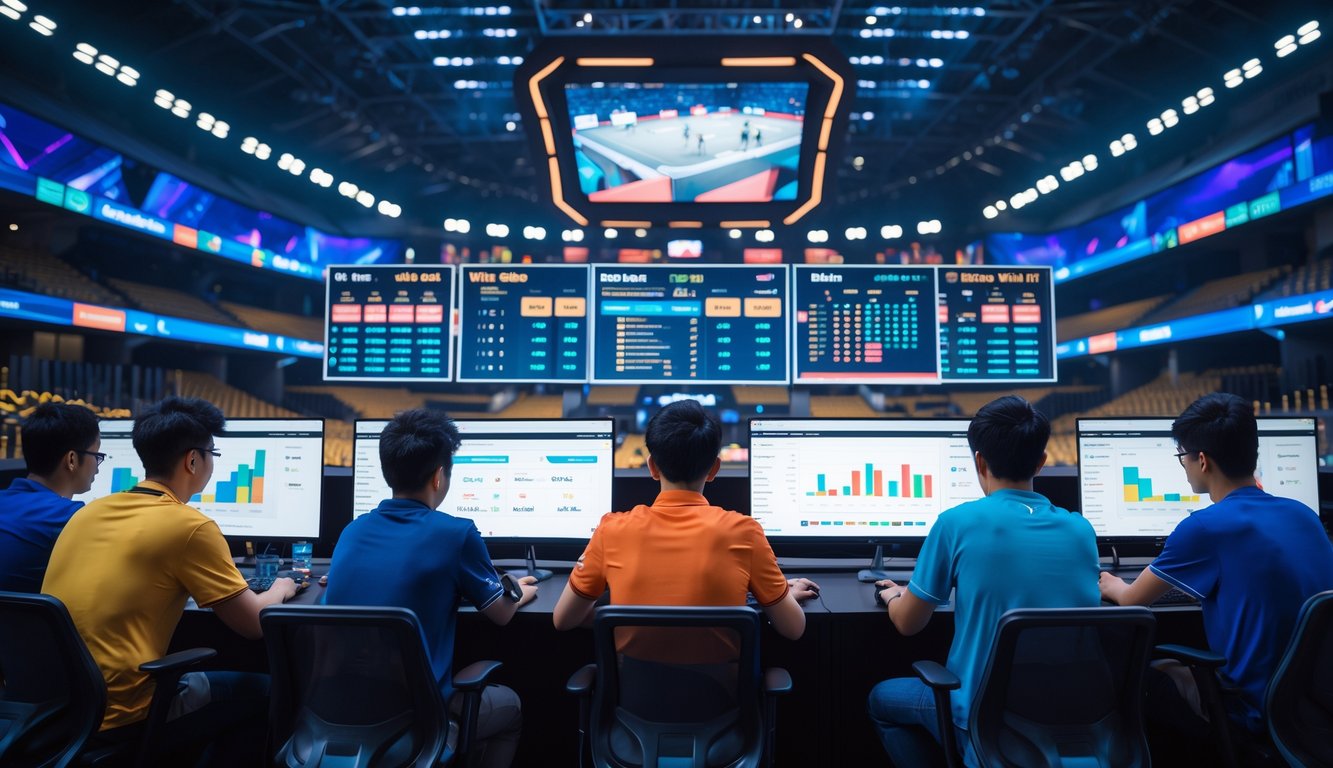 Sejumlah orang muda Asia sedang menganalisis data taruhan esports menggunakan layar digital di lingkungan esports yang modern dan dinamis.