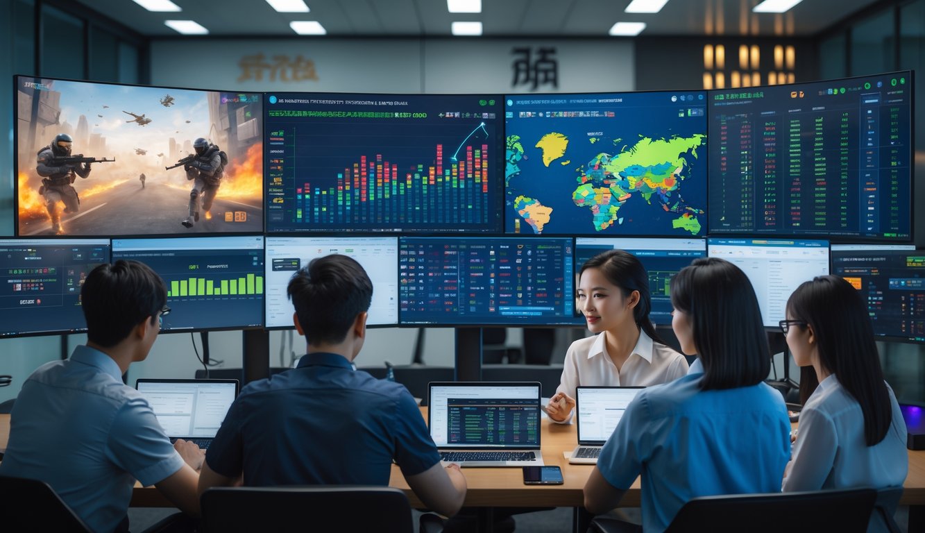 Sekelompok profesional muda Asia sedang menganalisis data odds judi esports di ruang kantor modern dengan beberapa layar komputer menampilkan grafik dan statistik taruhan.