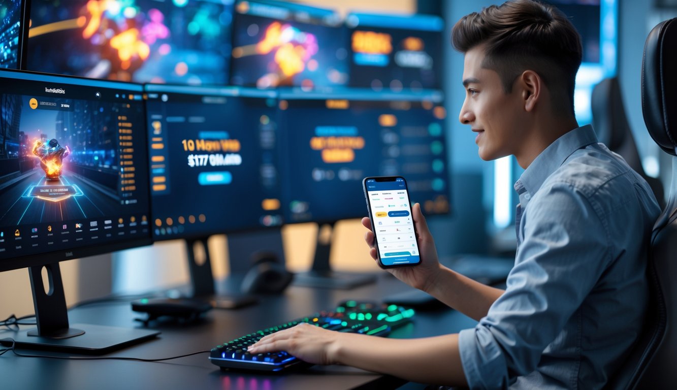 Seorang dewasa muda fokus melihat layar komputer dan ponsel yang menampilkan pertandingan esports dan aplikasi taruhan.