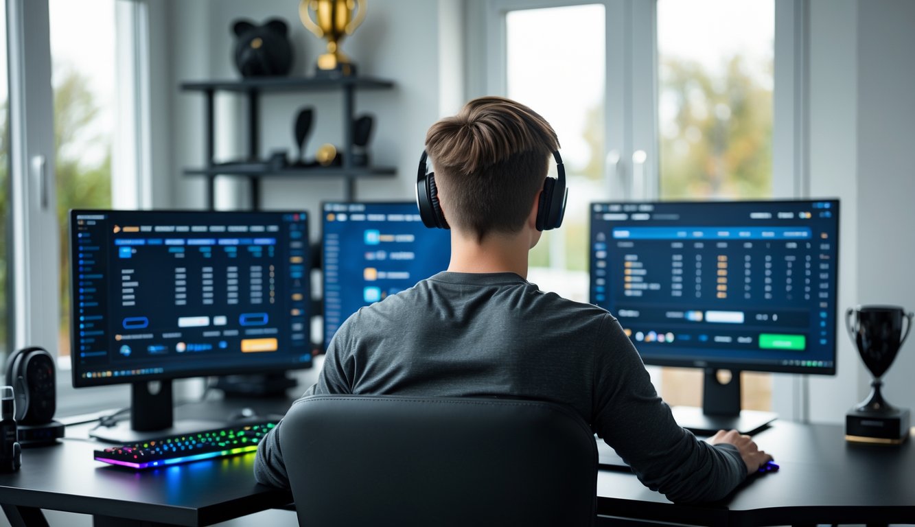 Seorang pria muda duduk di meja dengan beberapa layar komputer yang menampilkan antarmuka taruhan esports, di ruang kerja modern yang terang dan rapi.
