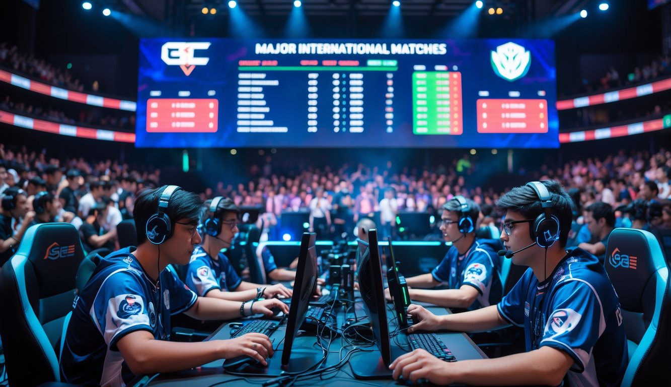 Pemandangan turnamen esports internasional dengan pemain yang fokus bermain dan penonton yang antusias menyaksikan pertandingan besar.