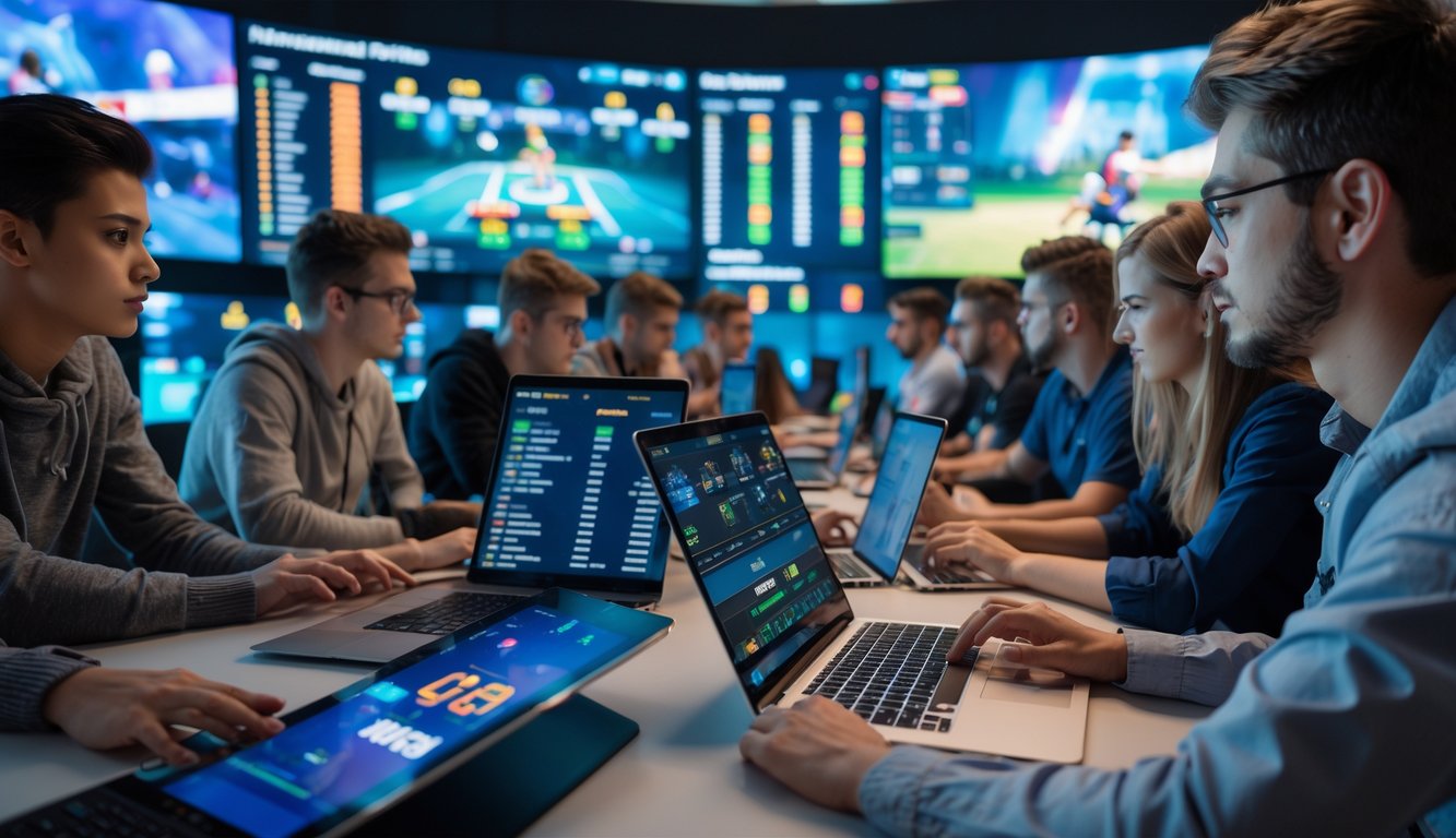 Sekelompok orang muda menggunakan perangkat digital untuk melihat peluang judi esports pada pertandingan turnamen internasional.
