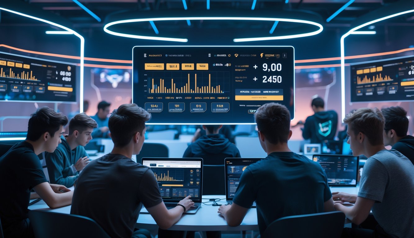 Sejumlah orang muda menggunakan perangkat digital dengan layar menampilkan data taruhan esports secara langsung dan odds tinggi.