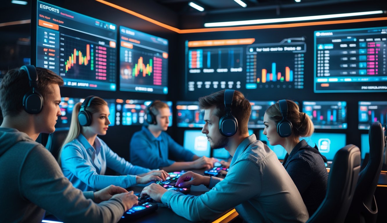 Sejumlah orang muda sedang menggunakan platform taruhan esports dengan layar menampilkan data taruhan dan grafik secara langsung.