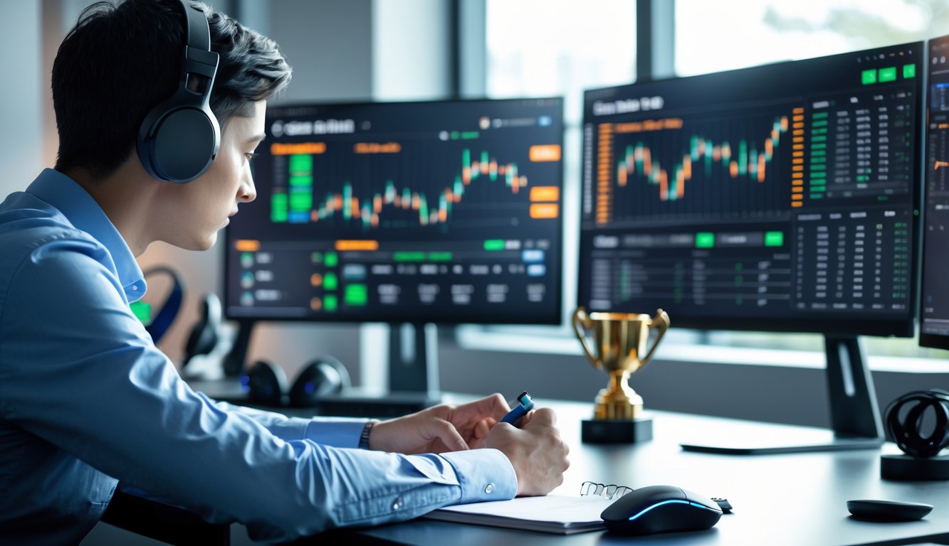 Seorang pria sedang bekerja di meja dengan beberapa monitor yang menampilkan pertandingan esports dan data taruhan, sambil mencatat di buku catatan.