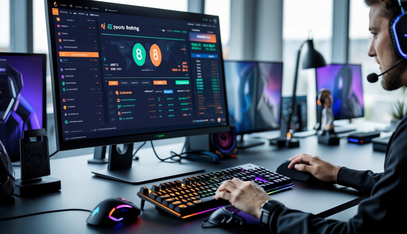 Seorang pengguna sedang menggunakan komputer dengan tampilan data odds esports di meja kerja modern.