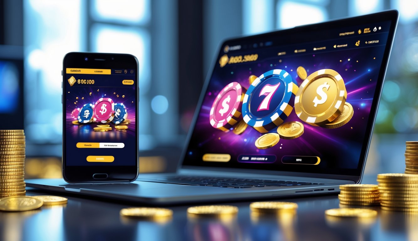 Seseorang menggunakan laptop dan ponsel untuk bermain permainan kasino online dengan simbol jackpot dan koin di atas meja.