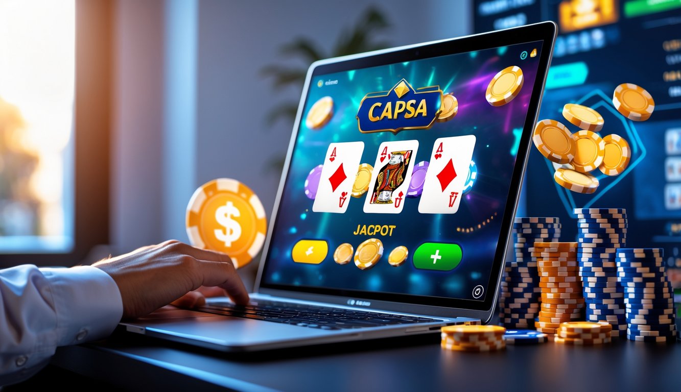 Seseorang bermain Capsa online di depan komputer dengan kartu dan chip poker di layar, suasana ruangan terlihat nyaman dan profesional.
