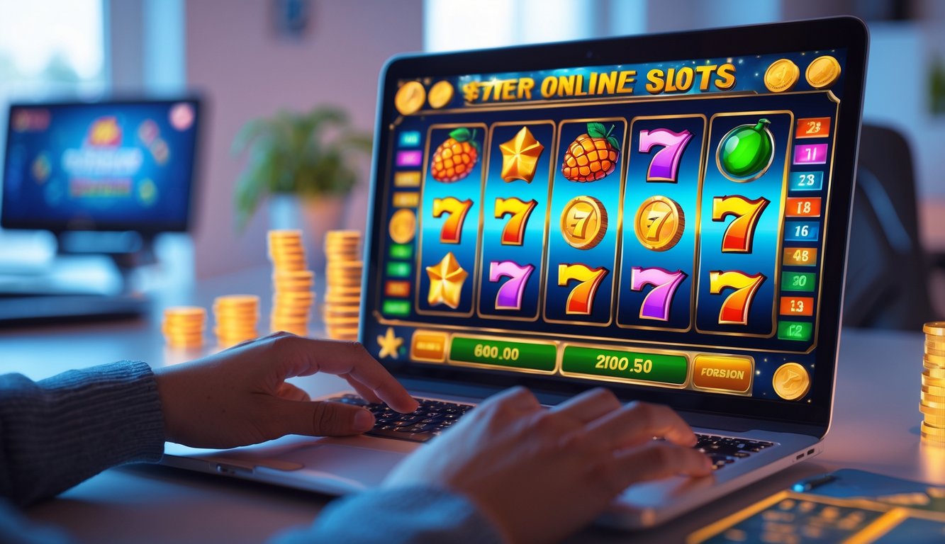 Seseorang bermain mesin slot online di ruang kerja modern dengan suasana cerah dan perangkat teknologi.