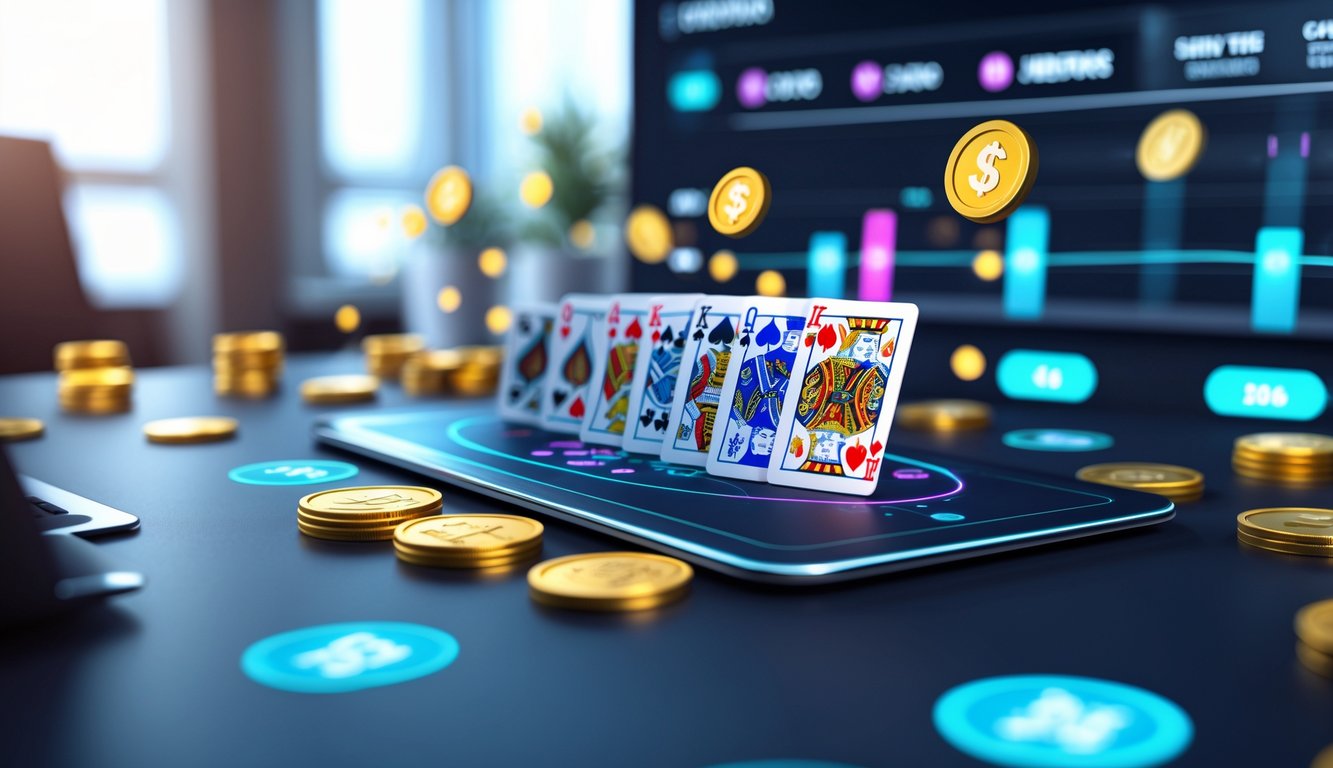 Suasana permainan Capsa online dengan kartu digital berwarna-warni di atas meja virtual dan elemen grafik jackpot di latar belakang.
