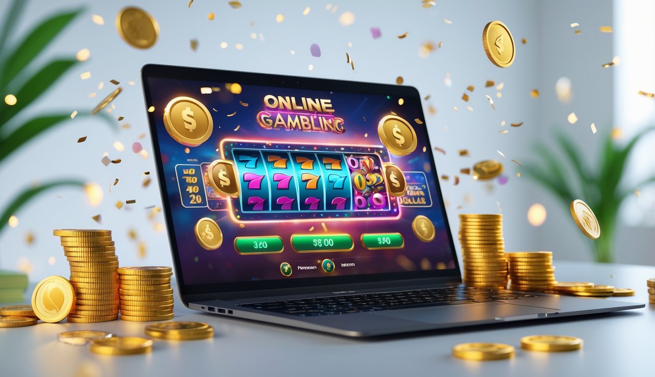 Laptop di atas meja menampilkan permainan slot online dengan koin emas dan chip poker di sekitarnya.